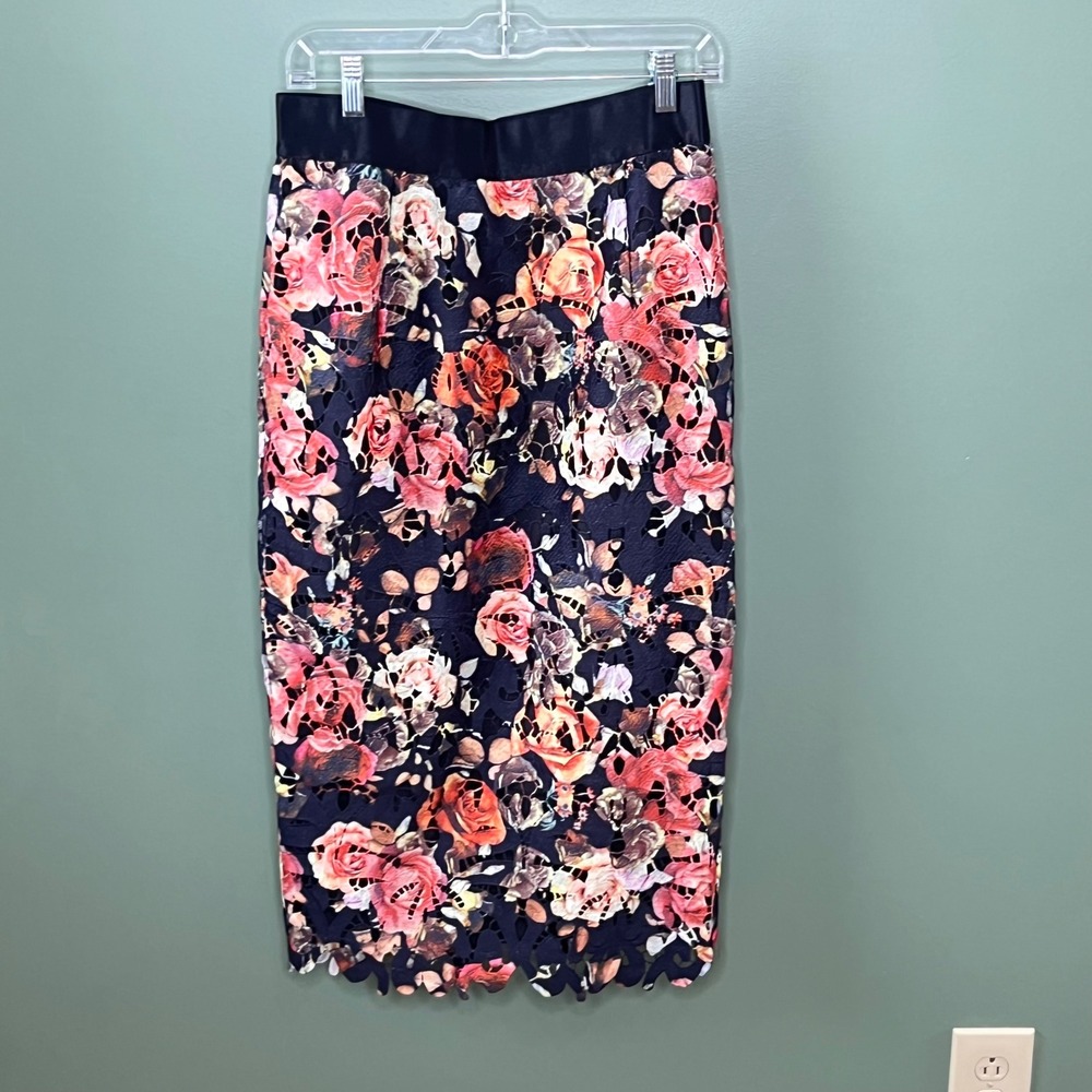 Gracia Womens Floral Laser Cut Lace Pencil Skirt Navy Pink‎ Orange Midi Large